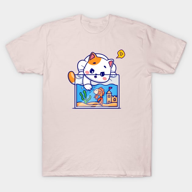 Cute Cat Playing With Fish In Aquarium Cartoon T-Shirt by Catalyst Labs